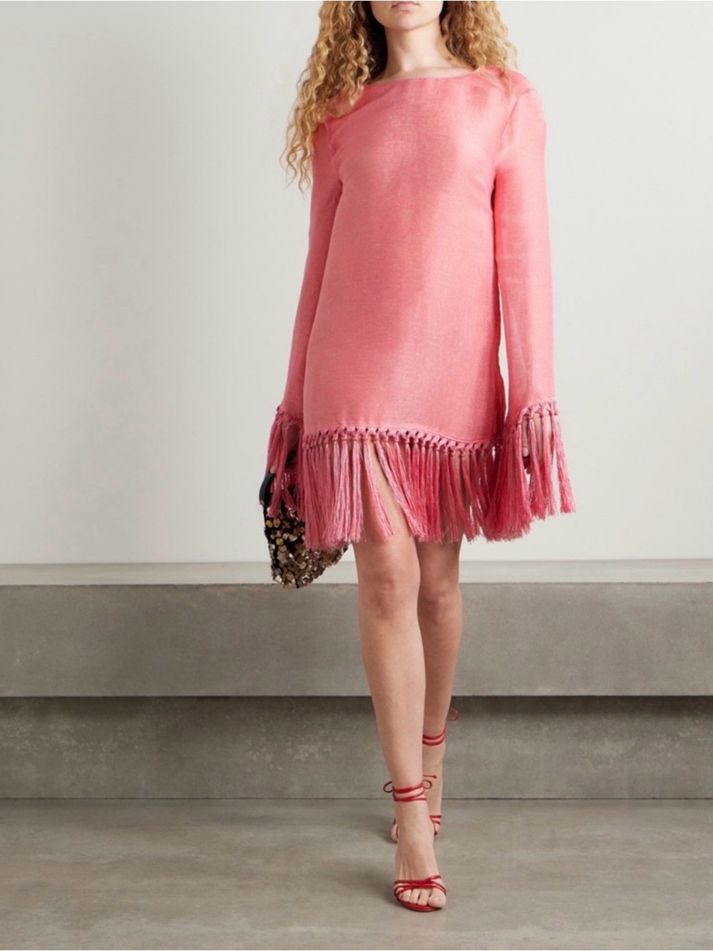 Taller Marmo Pink Fringe Long-Sleeve Shift Dress